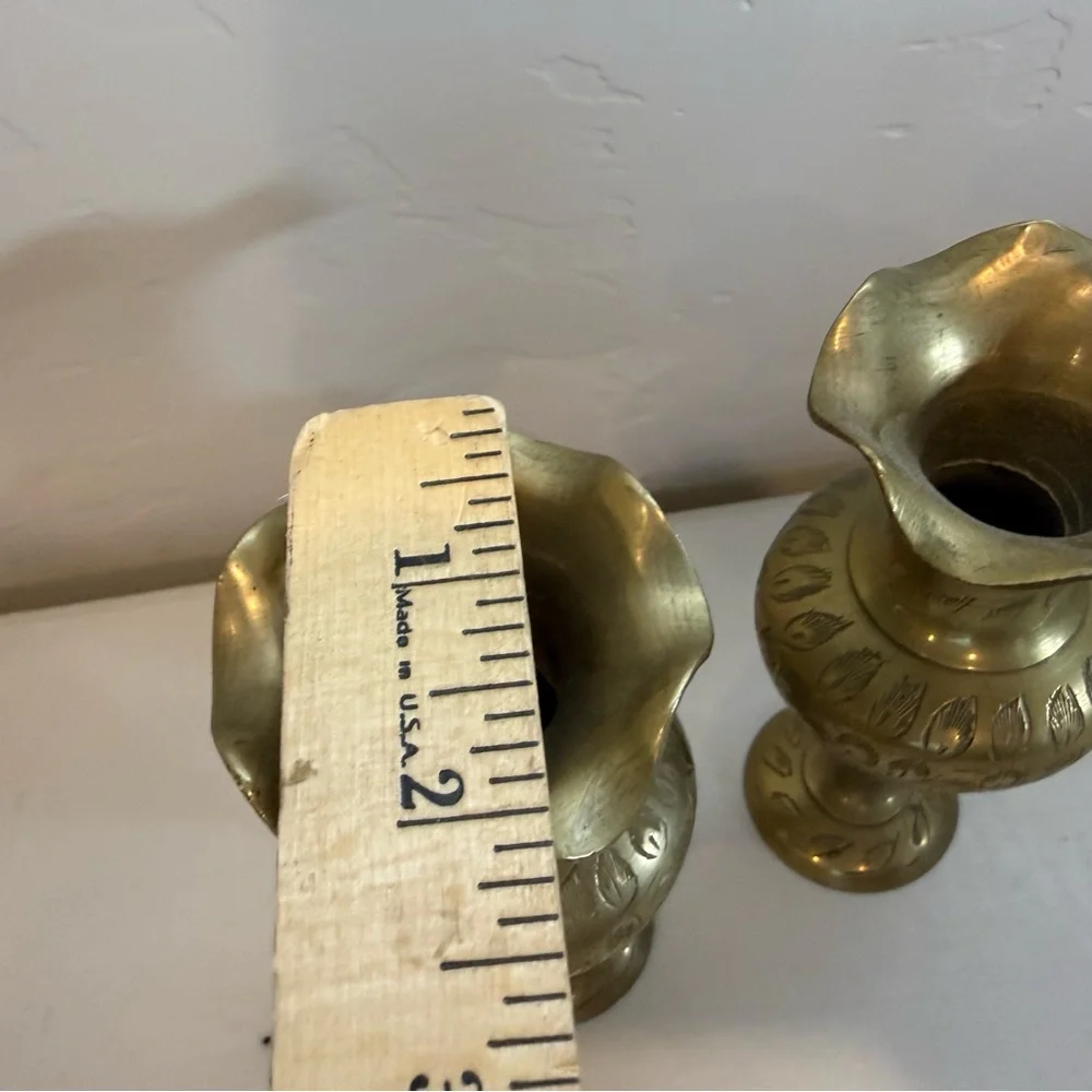 Vintage Pair of 2 Solid Brass Etched Floral Scalloped Vases signed Made in India